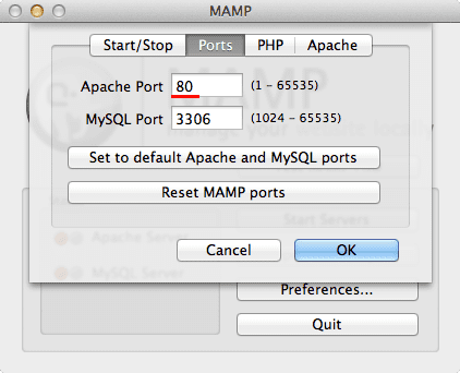 Change Apache port to 80 in MAMP